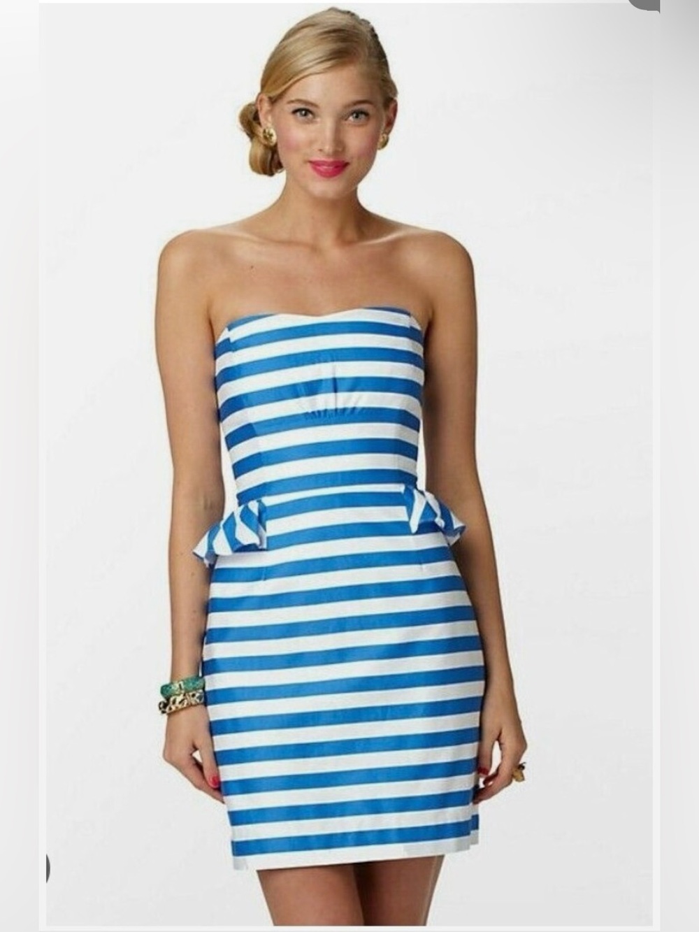 Lilly Pulitzer Blue and White Strapless Peplum Sheath Dress
